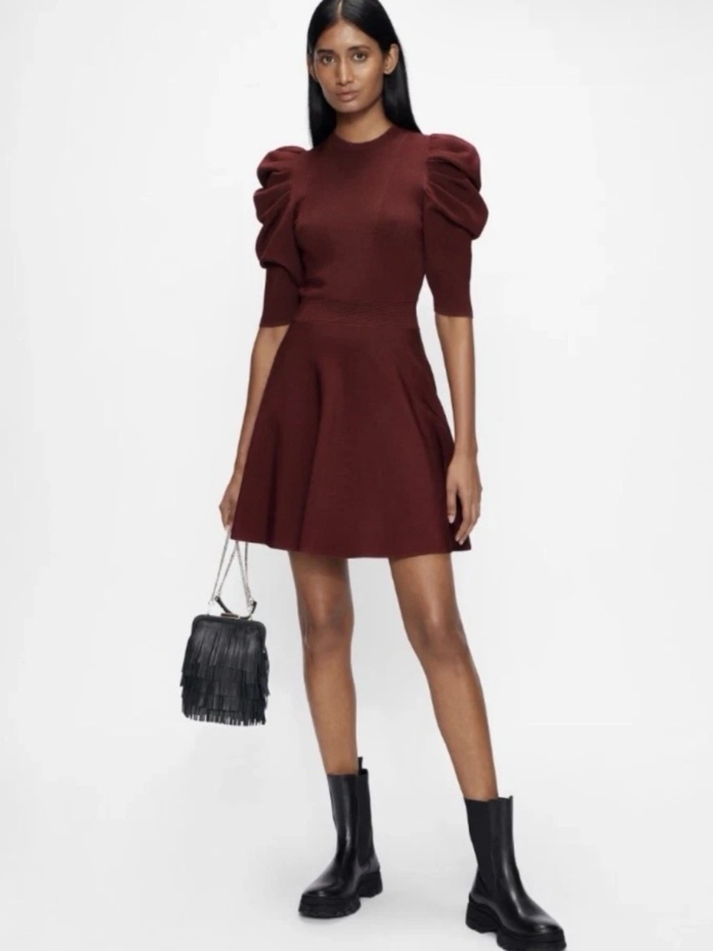 Ted Baker Lorna Statement Sleeve Skater Dress Burgundy Fit & Flare Size 6/US 14
